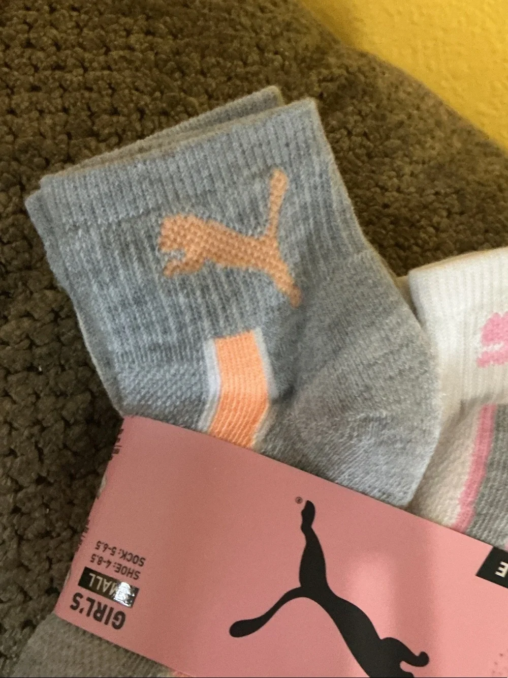 Puma Girls' Crew Socks – Gray & White with Pink and Peach Logos nwt small